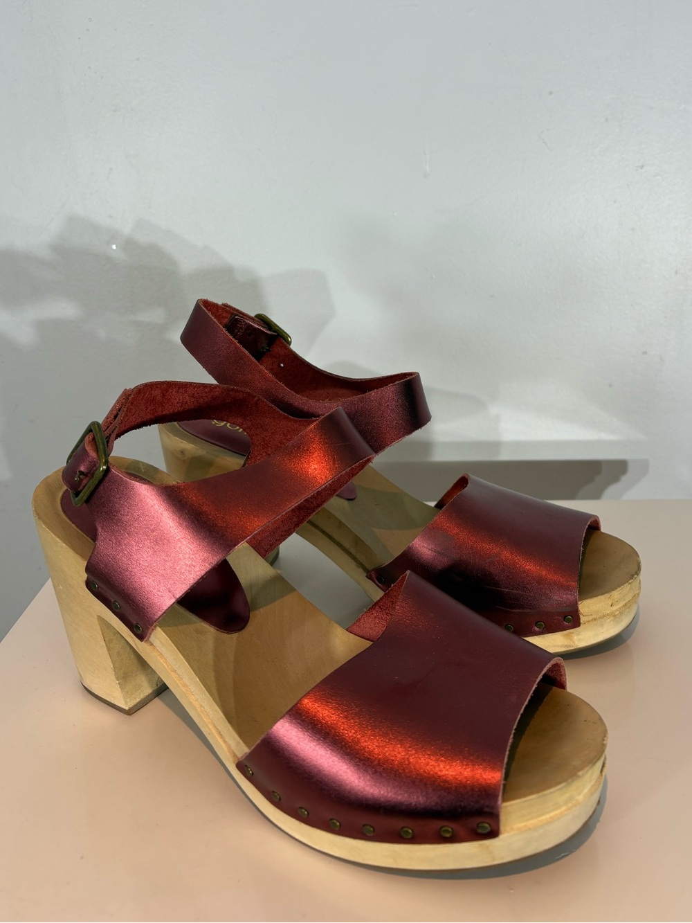 Gorman Metallic Bronze Leather Wood Clog Sandals Size 8